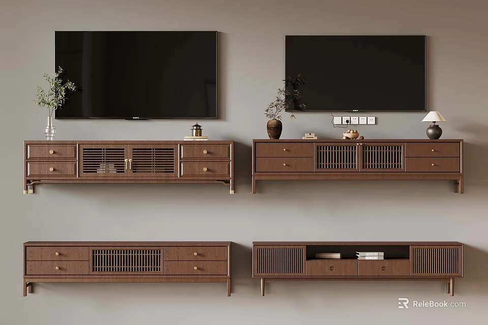 Brown Wooden TV Stands with Drawers TVs Plants Table Lamps and Decorative Items 3d model 