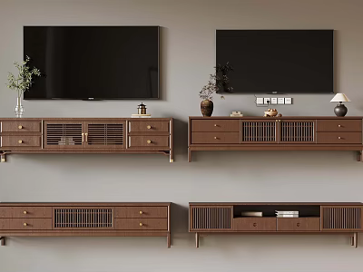 Brown Wooden TV Stands with Drawers TVs Plants Table Lamps and Decorative Items 3d model