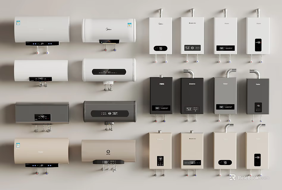 Assorted Home Water Heaters Including Storage And Instant Models In Multiple Colors 3d model