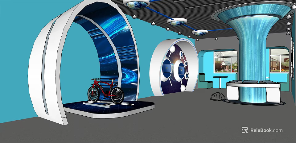 Modern Exhibition Space With Red Bicycle Display Curved Stands And Blue Walls 3d model 
