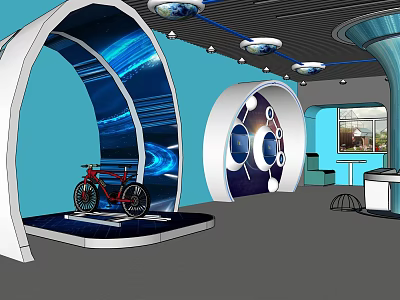 Modern Exhibition Space With Red Bicycle Display Curved Stands And Blue Walls 3d model