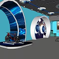 Modern Exhibition Space With Red Bicycle Display Curved Stands And Blue Walls