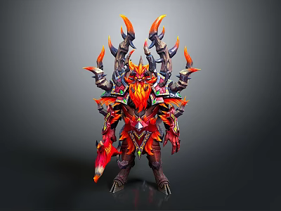 Fiery Mythical Warrior Character With Spiked Horns Flaming Armor And Red Orange Details 3d model