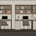 Modern Dual Work Desks with Upper Bookshelves Computer Monitors and Office Chairs