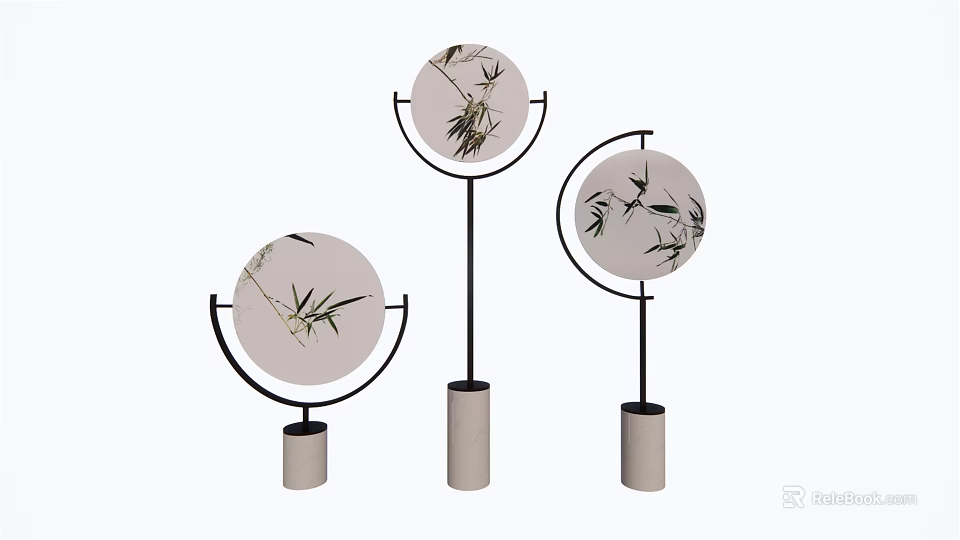 Minimalist Decorative Ornament Set With Circular Bamboo Pattern Black Stand And Cylindrical Base 3d model 