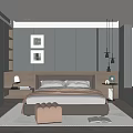 Modern Bedroom Interior Design With Upholstered Headboard Nightstand Table Lamp Wall Art And Pendant Lights