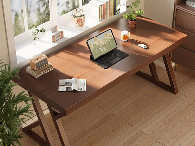 Modern Wooden Home Office Table and Chair Set with Laptop Books Plants and Natural Light 3d model