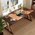 Modern Wooden Home Office Table and Chair Set with Laptop Books Plants and Natural Light