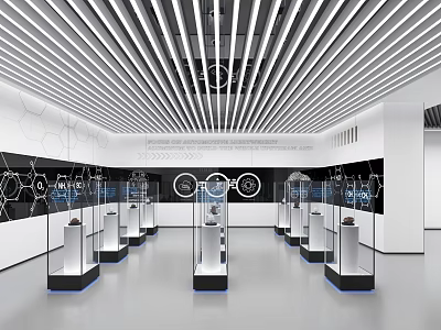 Modern Exhibition Hall With Striped Ceiling Black Walls And Transparent Display Cases 3d model