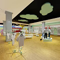 Colorful Kids Clothing Store Interior With Train Design Arched Windows And Bright Floor Tiles