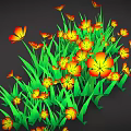 Vibrant Orange Yellow Flowers With Green Grass Leaves On Black Background