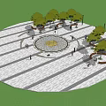 Geometric Stone Plaza Paving With Trees Fountains Benches People Walking And Resting