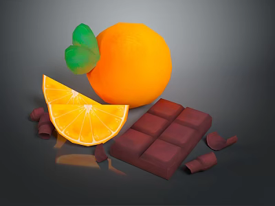 Fresh Orange With Sliced Segment Dark Chocolate Block And Curls 3d model