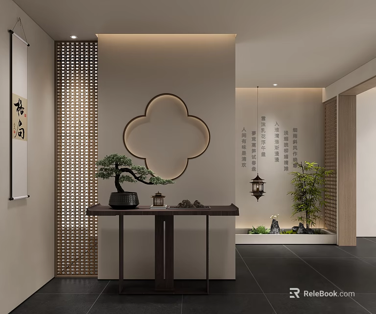 Chinese Minimalist Entryway Hallway Design With Lattice Screen Calligraphy Lantern And Potted Plant 3d model 