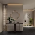 Chinese Minimalist Entryway Hallway Design With Lattice Screen Calligraphy Lantern And Potted Plant