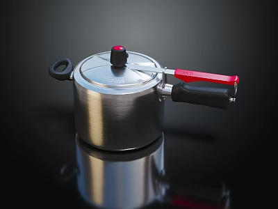 Stainless Steel Household Saucepan With Silver Body Red Handle And Secure Lid 3d model