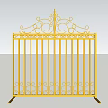 Golden Iron Gate with Intricate Curly Top Pattern Against Blue Sky and White Clouds