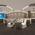 Modern Conference Room Interior Design With Projection Screen White Chair Covers And Green Bows