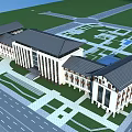 Traditional And Modern Office Building With White Facade Large Windows Front Lawn And Curved Road