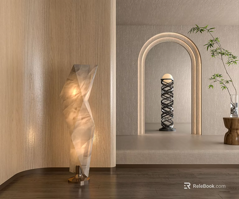Modern Floor Lamps In Minimalist Interior With Wood Walls Archway And Plant 3d model 