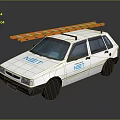 White Compact Car With Orange And White Roof Rack And NET Logo