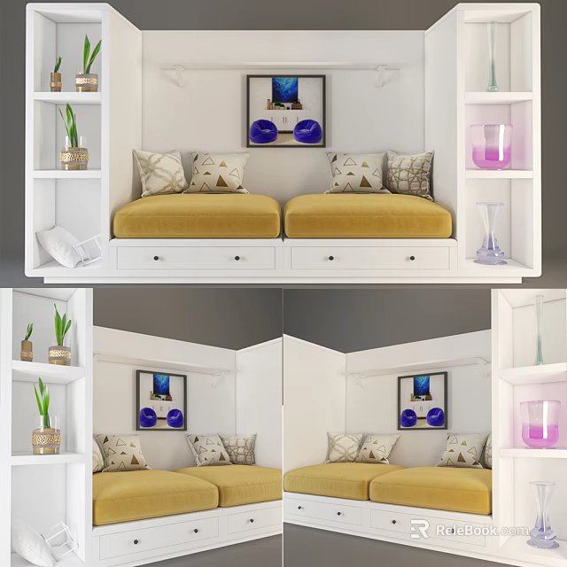 Modern Yellow Two-Seater Sofa With Decorative Pillows Wall Art Potted Plants And Glass Decor 3d model 