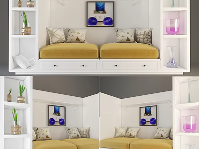 Modern Yellow Two-Seater Sofa With Decorative Pillows Wall Art Potted Plants And Glass Decor 3d model