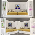 Modern Yellow Two-Seater Sofa With Decorative Pillows Wall Art Potted Plants And Glass Decor
