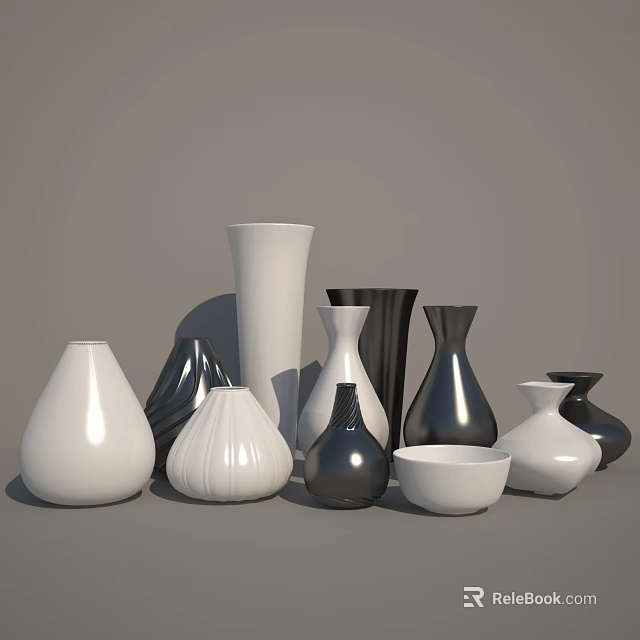 Modern Ceramic Vessels In White And Black With Various Shapes For Home Decor 3d model 