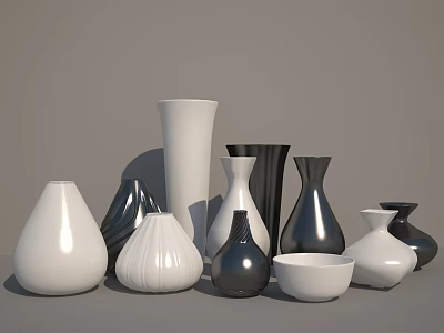 Modern Ceramic Vessels In White And Black With Various Shapes For Home Decor 3d model