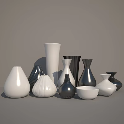 Modern Ceramic Vessels In White And Black With Various Shapes For Home Decor 3d model
