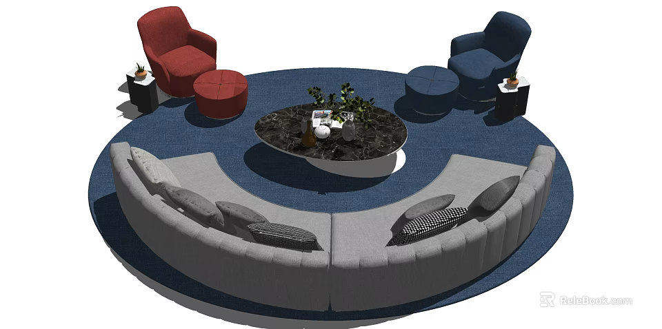 Curved Gray Sofa Coffee Table Set Featuring Round Table Red Blue Accent Chairs Blue Rug 3d model
