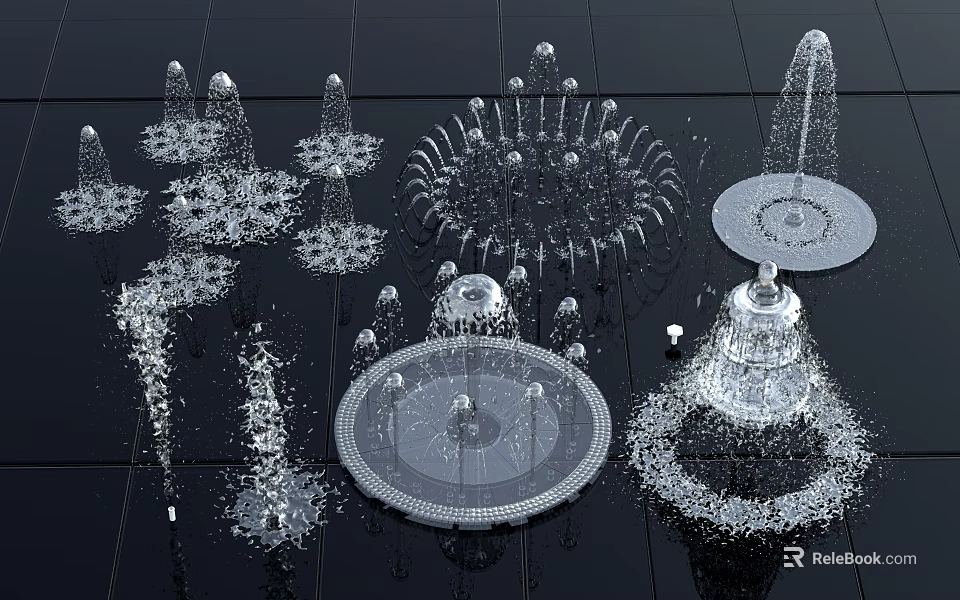 Multiple Different Style Fountains Featuring Artistic Water Sprays And Decorative Ornamental Structures 3d model 