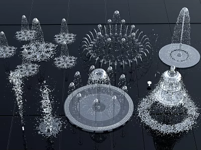 Multiple Different Style Fountains Featuring Artistic Water Sprays And Decorative Ornamental Structures 3d model