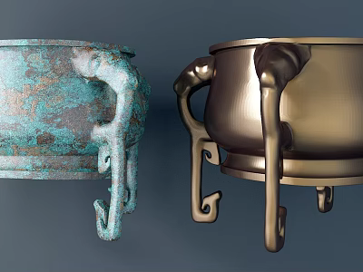 Sculpted Bronze Vessels With Intricate Decorative Handles And Vintage Design 3d model