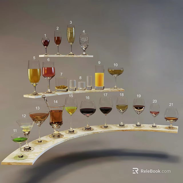 Multi tiered Display Stand With Assorted Wine Glasses And Different Colored Liquids 3d model