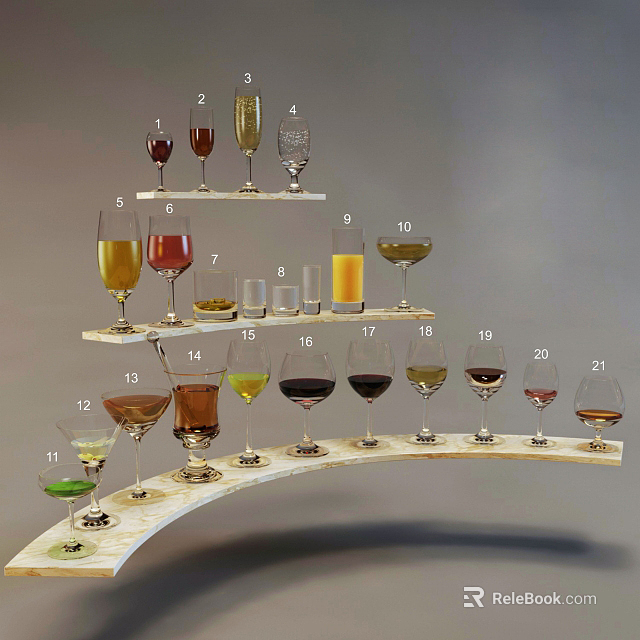 Multi tiered Display Stand With Assorted Wine Glasses And Different Colored Liquids 3d model 