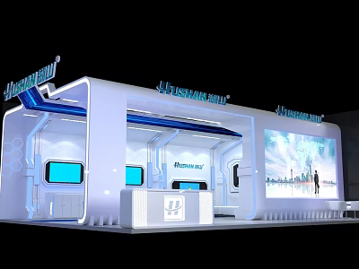 Modern Exhibition Booth Design With Blue Accents Digital Screens And Open Structure 3d model