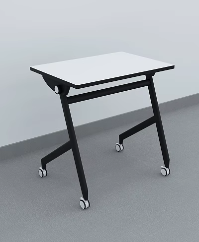White Tabletop Folding Table With Black Frame And Rolling Wheels 3d model