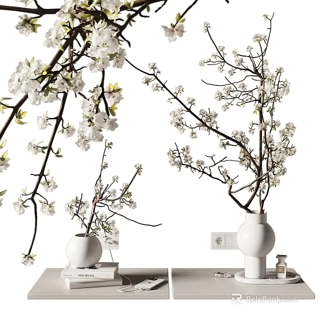 Tabletop Decorative Ornament Set With White Flower Branches Ceramic Vases And Books 3d model 