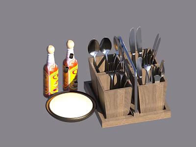 Wooden Organizer with Kitchen Utensils Spoons Forks Knives and Condiment Bottles White Plate 3d model