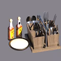Wooden Organizer with Kitchen Utensils Spoons Forks Knives and Condiment Bottles White Plate