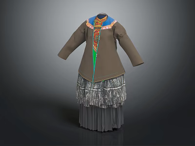 Traditional Brown Top With Colorful Collar Decoration And Gray Layered Fringed Skirt 3d model