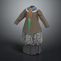 Traditional Brown Top With Colorful Collar Decoration And Gray Layered Fringed Skirt