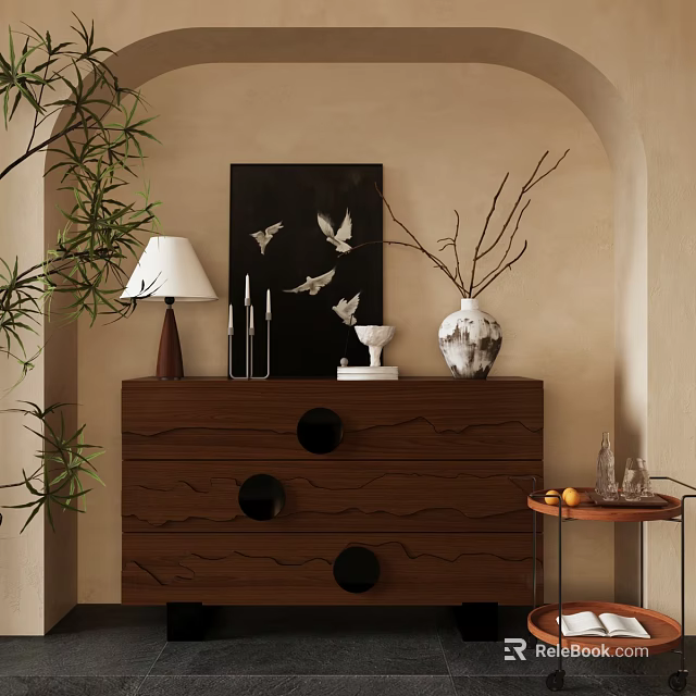 Wooden Dresser with Black Round Handles Table Lamp Decorative Bird Painting Vase and Green Plants 3d model