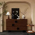 Wooden Dresser with Black Round Handles Table Lamp Decorative Bird Painting Vase and Green Plants 3d model
