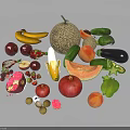 Assorted Fresh Fruits Including Bananas Cantaloupe Pomegranates Apples Peaches And Strawberries On White Background