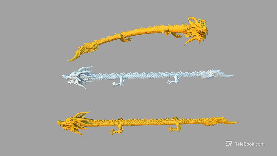 Three Chinese Dragon Decorative Sculptures Featuring Yellow White Long Bodies 3d model 