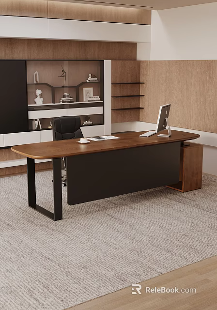 Modern Office Interior With Wooden Desk Black Metal Legs Computer Monitor Black Chair And Bookshelves 3d model 