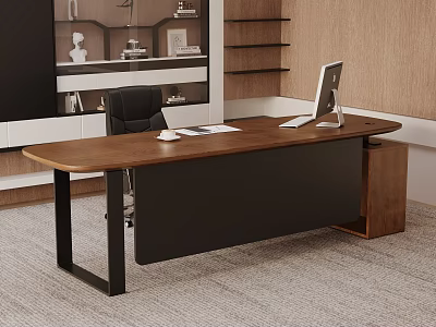Modern Office Interior With Wooden Desk Black Metal Legs Computer Monitor Black Chair And Bookshelves 3d model
